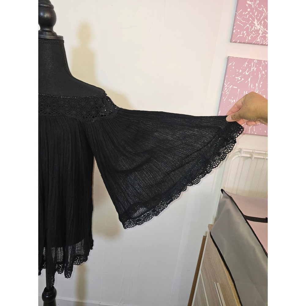 Free People Jen's Pirate Booty Black Crochet Gauze Top Petite S boho lagenlook